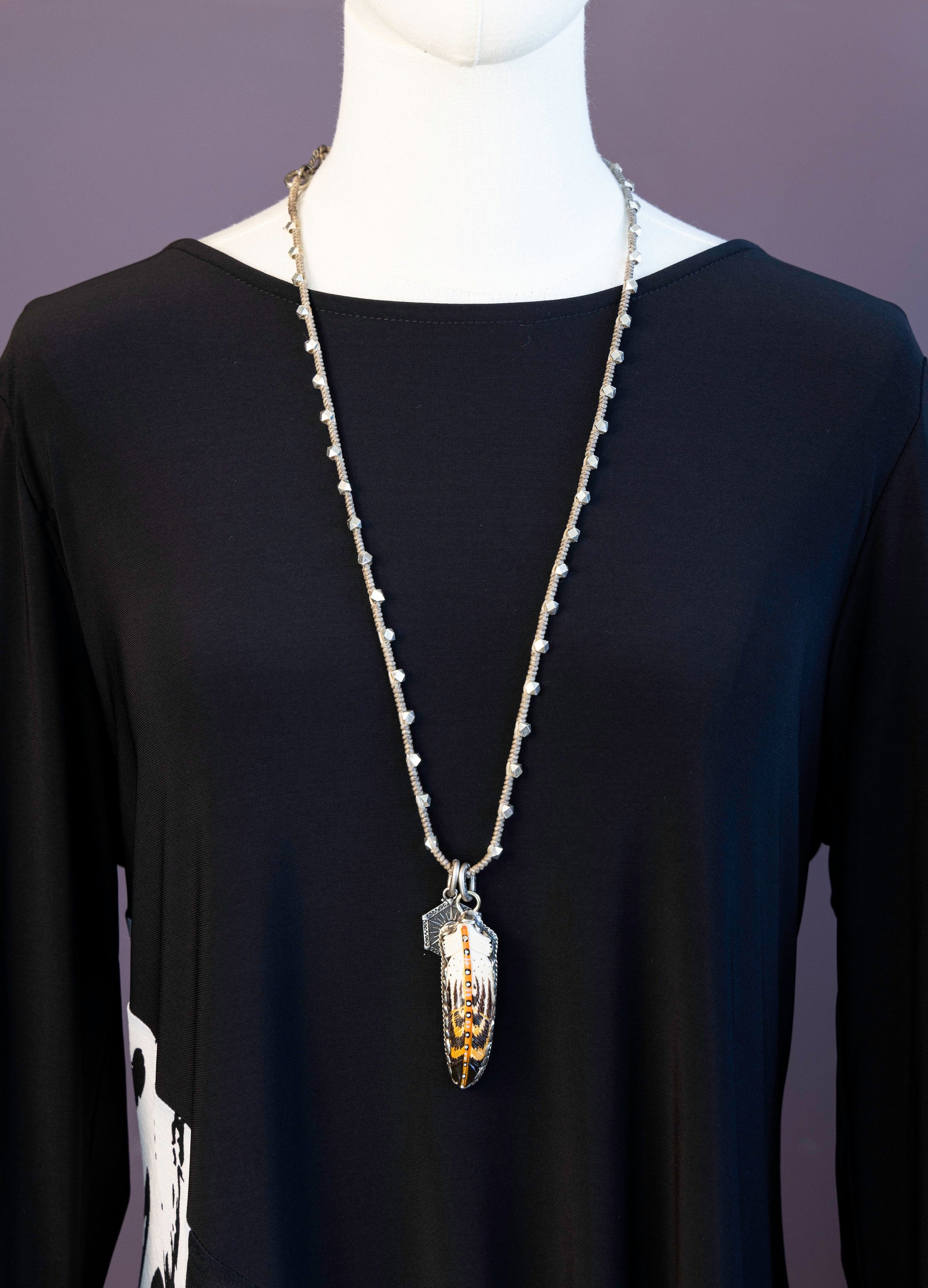 Painted Feather Necklace with Crystals