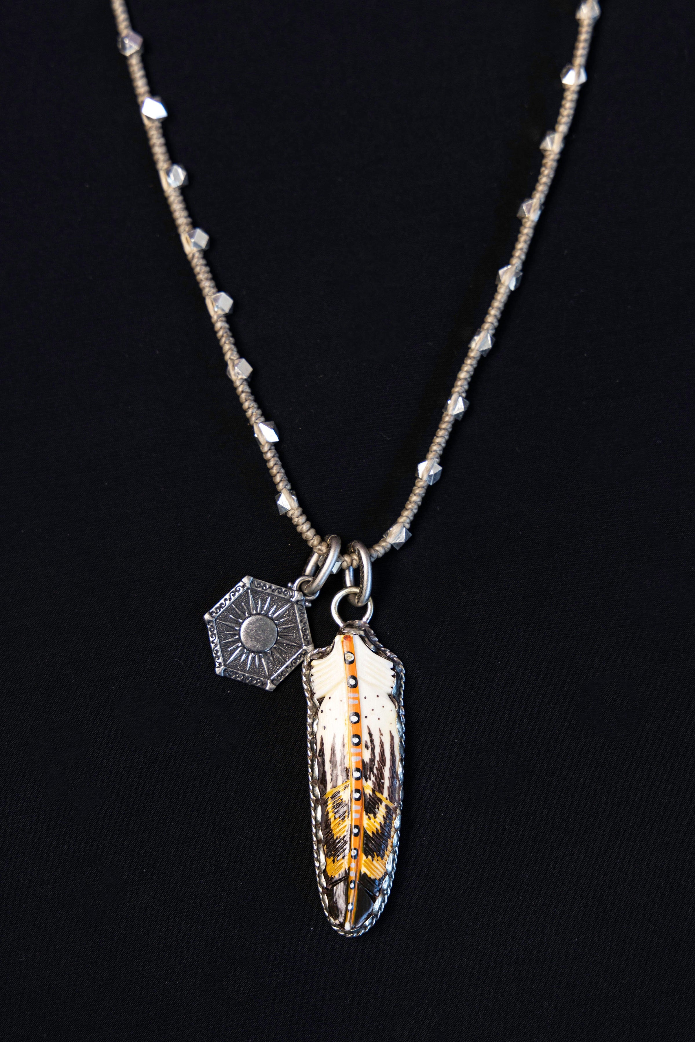 Painted Feather Necklace with Crystals