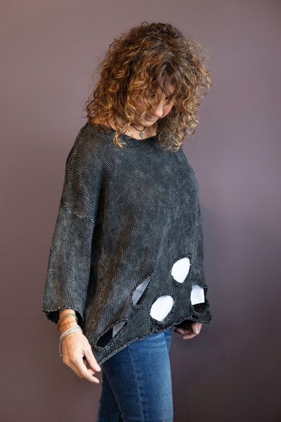 Black Holey Mineral Wash Sweater