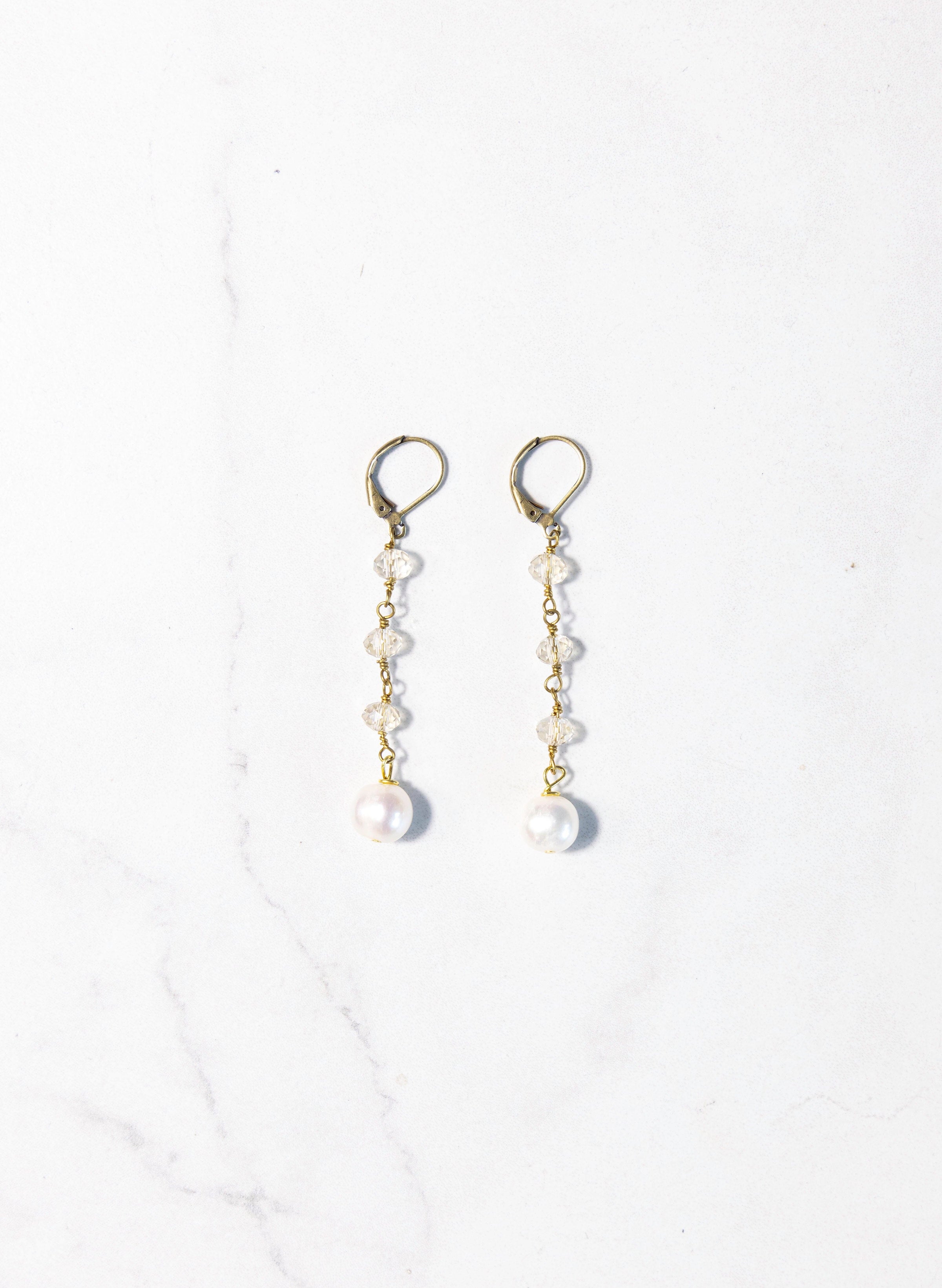 Three Drop Crystals with Fresh Water Pearl Earrings
