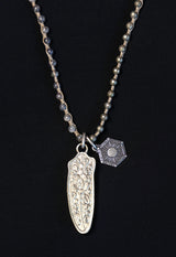 Painted Feather Necklace with Pyrite, Labradorite, and Smokey Crystal