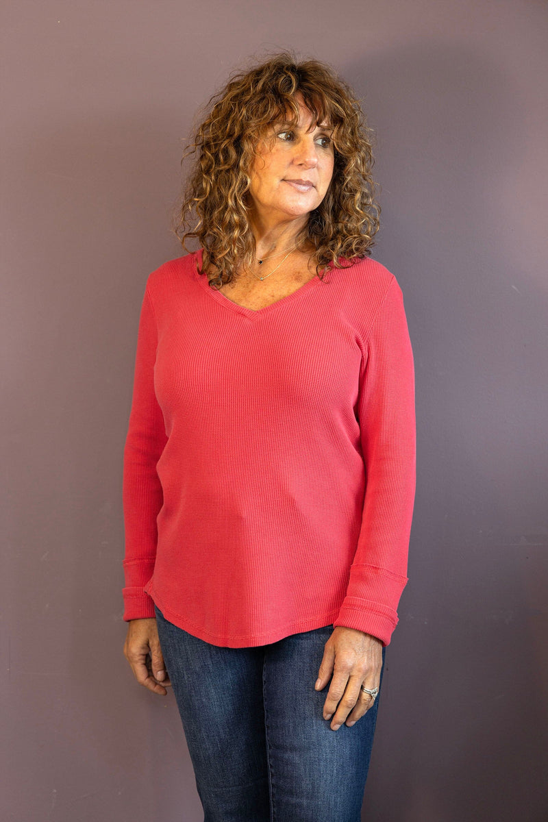 V-Neck Hi-Lo Waffle Knit Top