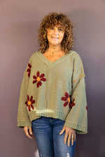 V-Neck Berber Floral Pattern Sweater