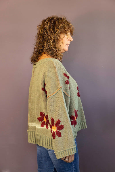 V-Neck Berber Floral Pattern Sweater