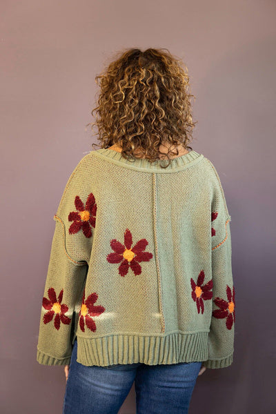 V-Neck Berber Floral Pattern Sweater