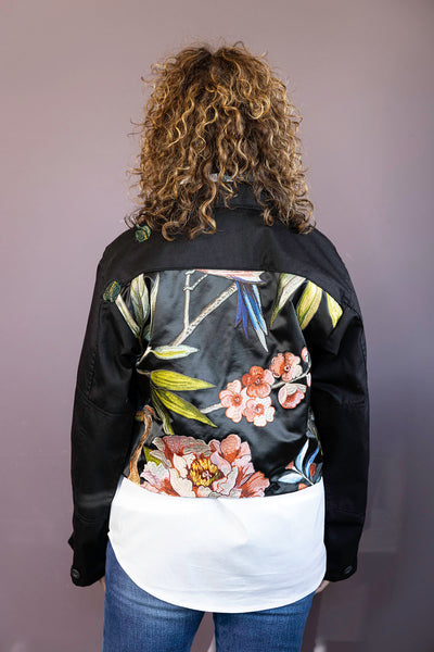 Black Silk Floral Cropped Jacket