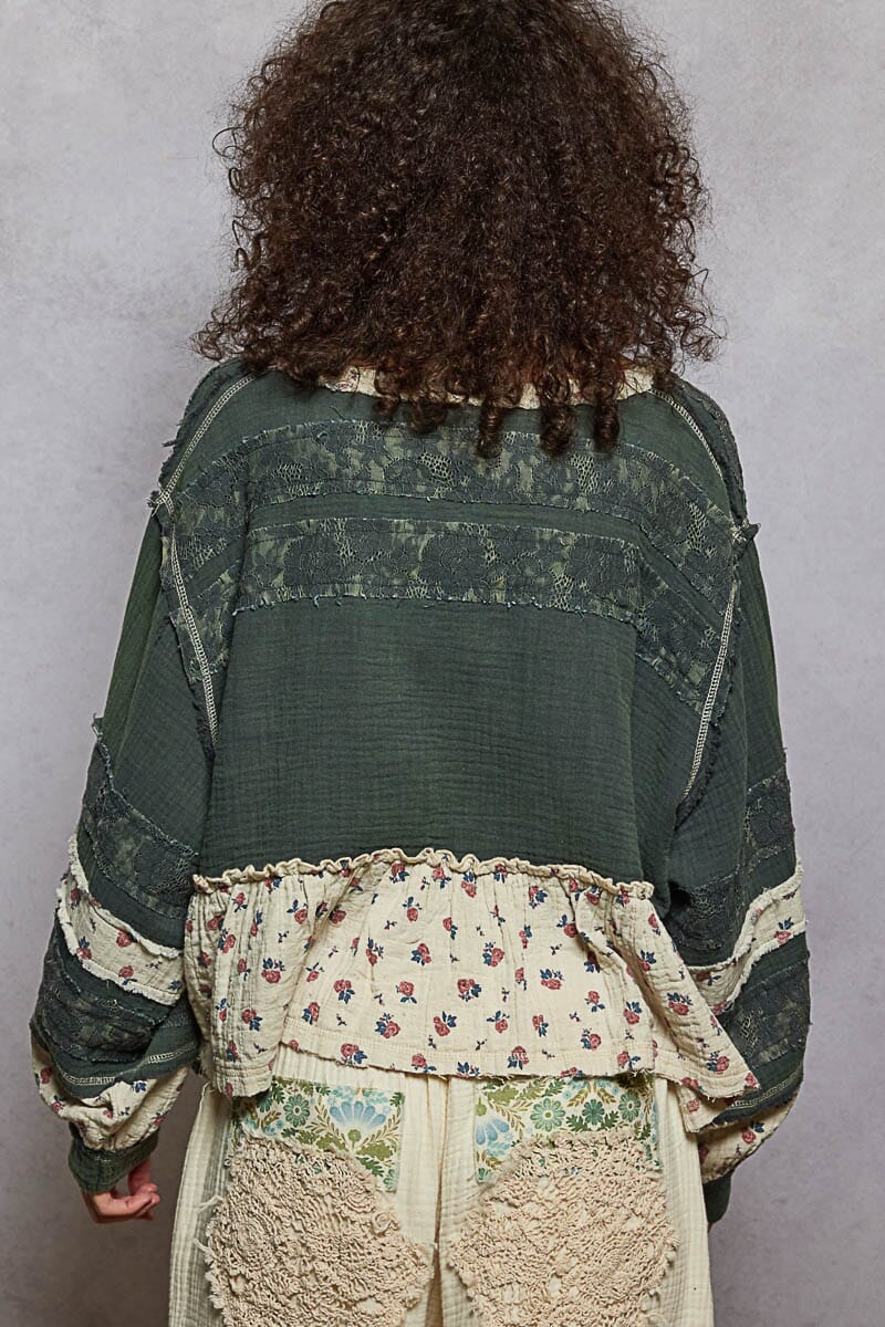 Long Sleeve Gauze & Lace Woven Top