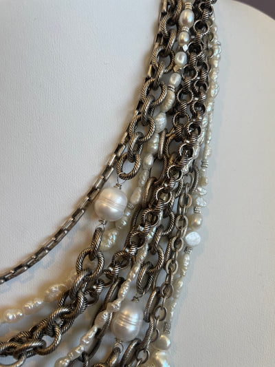 Multi Pearl and Silver Chain Necklace