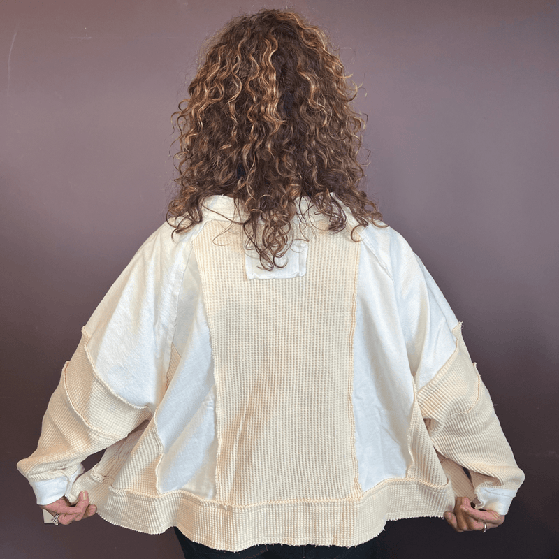 Notched Neck Contrast Fabric Basic Long Sleeve