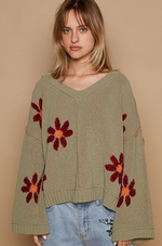 V-Neck Berber Floral Pattern Sweater