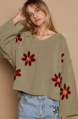 V-Neck Berber Floral Pattern Sweater