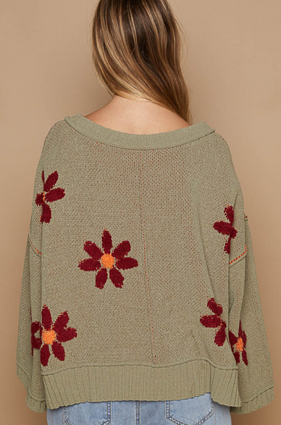 V-Neck Berber Floral Pattern Sweater