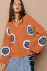 V-Neck Peace Berber Print Sweater