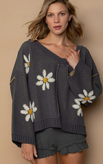 V-Neck Berber Floral Pattern Sweater