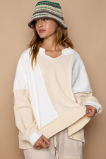 Notched Neck Contrast Fabric Basic Long Sleeve