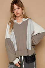 Notched Neck Contrast Fabric Basic Long Sleeve