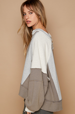 Notched Neck Contrast Fabric Basic Long Sleeve