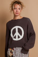 Round Neck Long Sleeve Peace Sign Solid Sweater