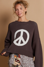 Round Neck Long Sleeve Peace Sign Solid Sweater