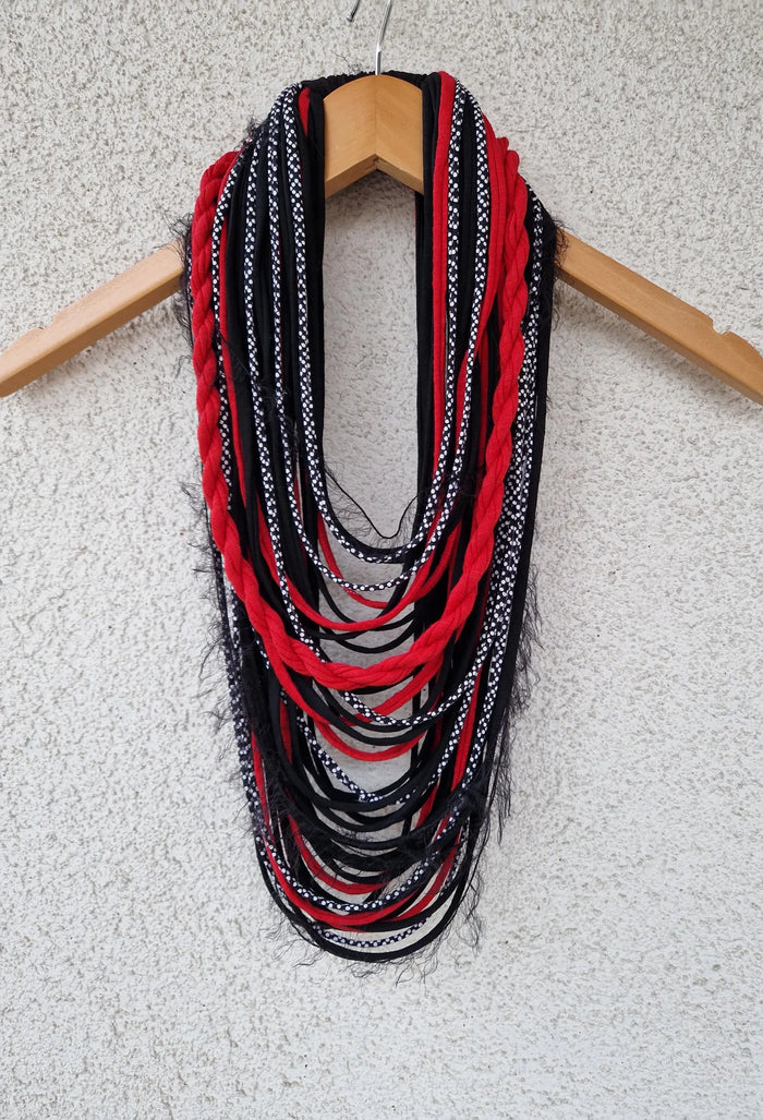 Black & Red Textile Scarf Necklace
