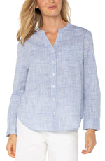 Button Front Blouse (Blue-White Crosshatch)