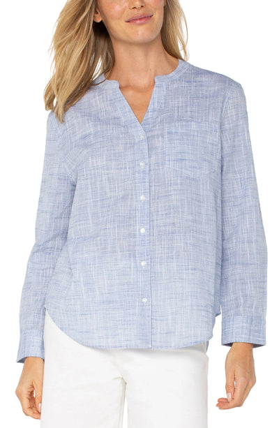 Button Front Blouse (Blue-White Crosshatch)