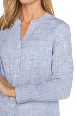 Button Front Blouse (Blue-White Crosshatch)