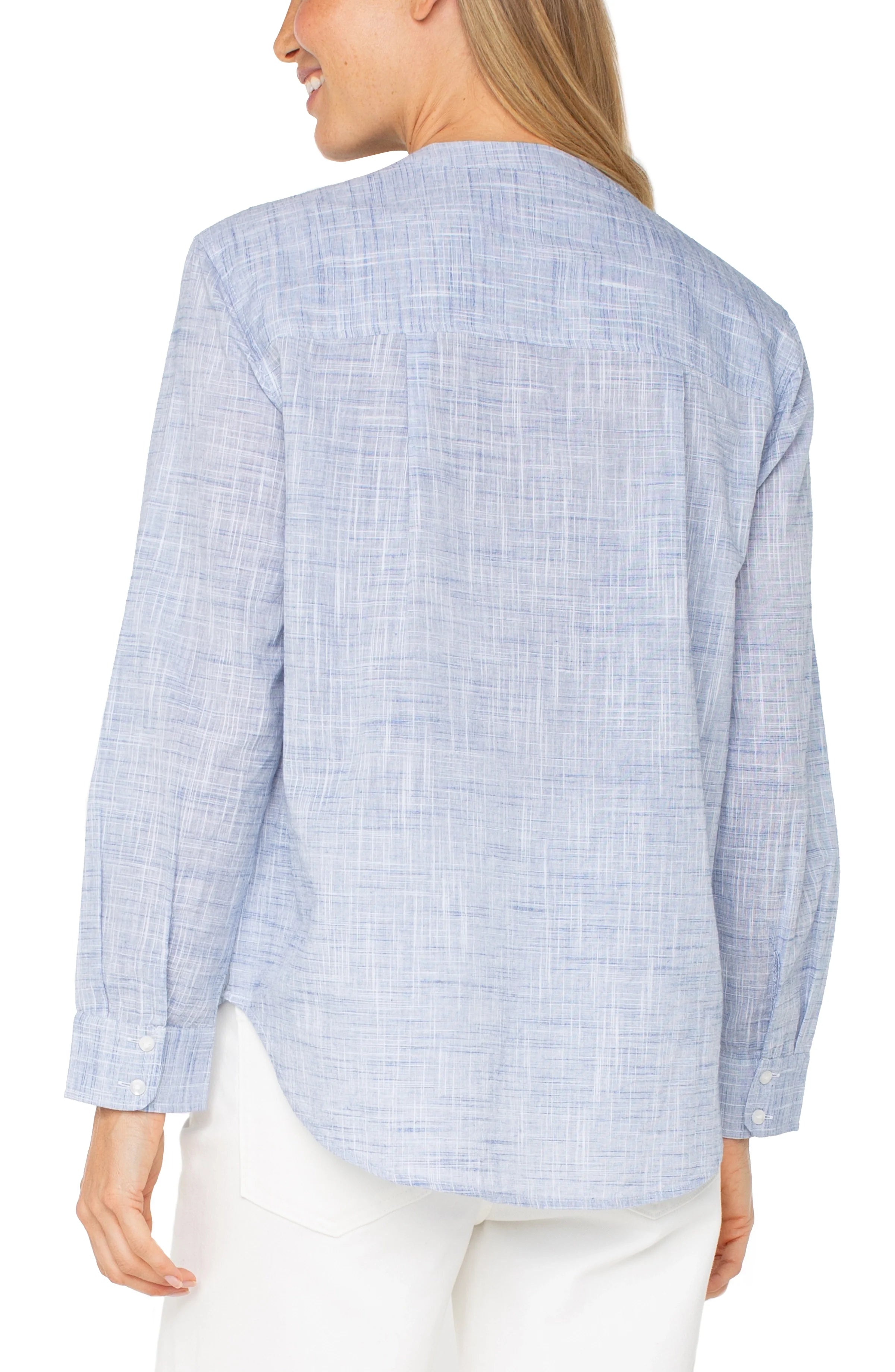 Button Front Blouse (Blue-White Crosshatch)