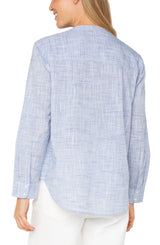 Button Front Blouse (Blue-White Crosshatch)