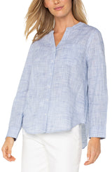 Button Front Blouse (Blue-White Crosshatch)