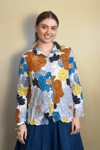 Crimped Crepe Floral Button-Down Top