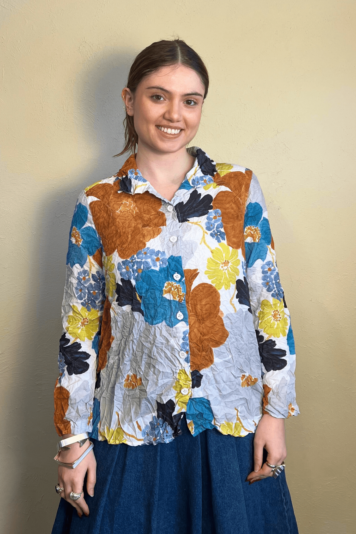 Crimped Crepe Floral Button-Down Top