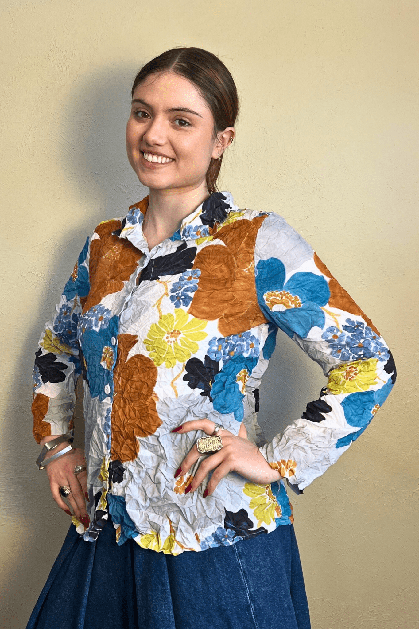 Crimped Crepe Floral Button-Down Top