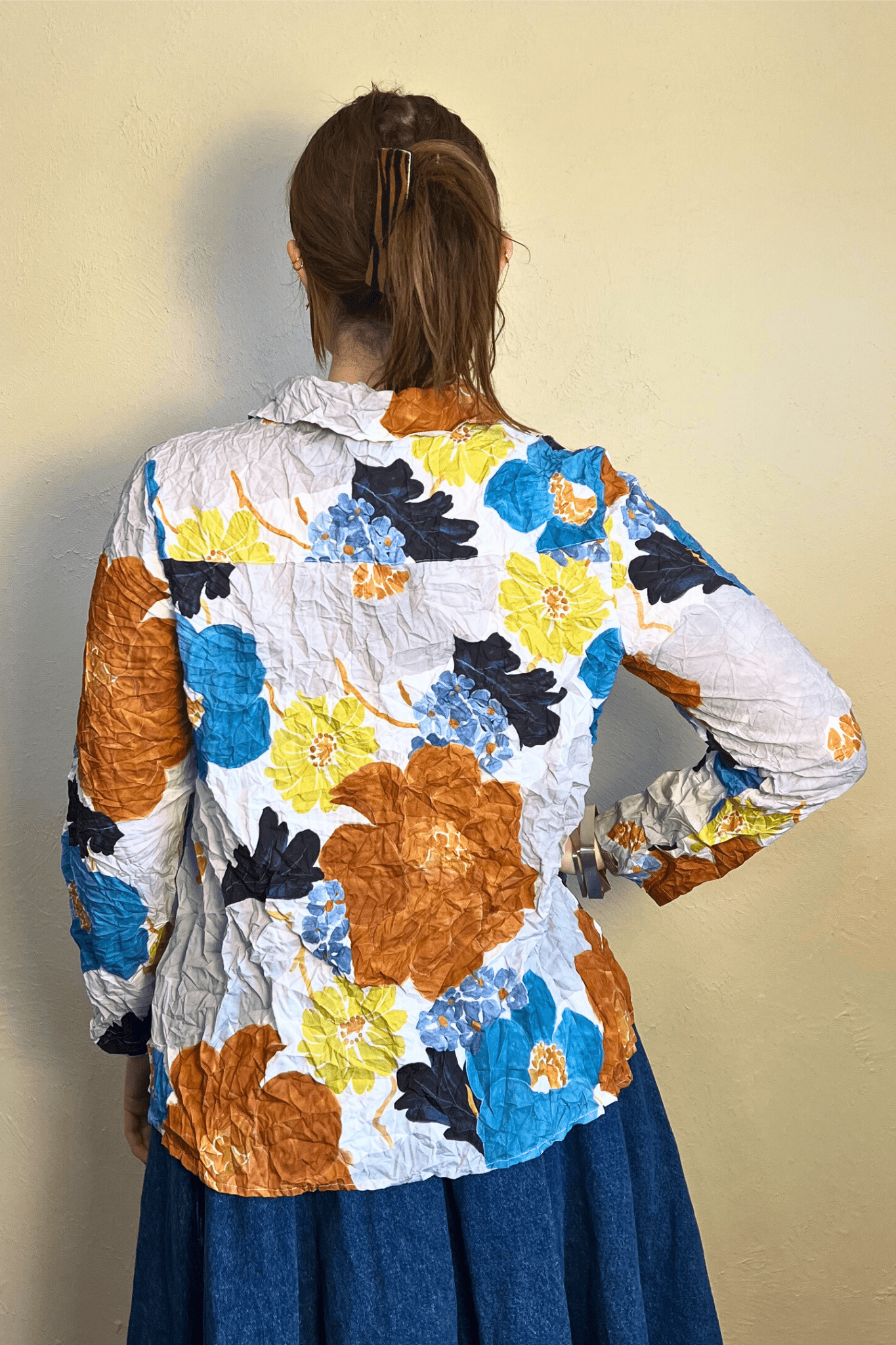 Crimped Crepe Floral Button-Down Top