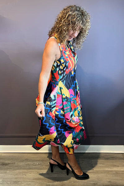 Artsy Print Pleat Halter Dress