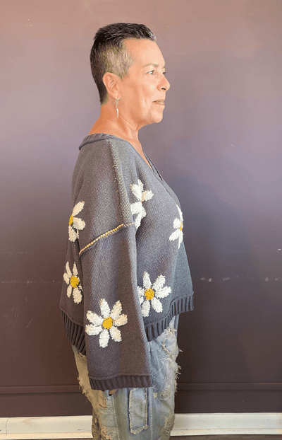 V-Neck Berber Floral Pattern Sweater