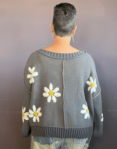 V-Neck Berber Floral Pattern Sweater