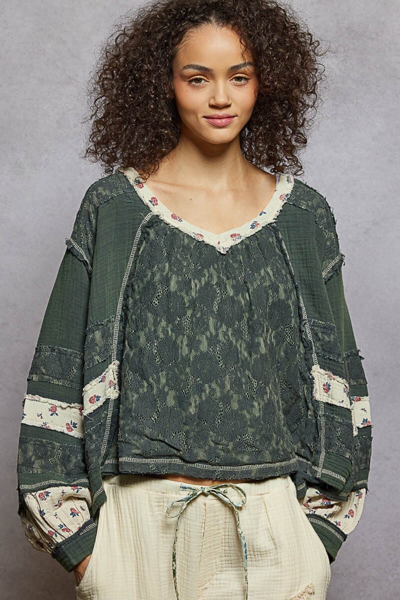 Long Sleeve Gauze & Lace Woven Top