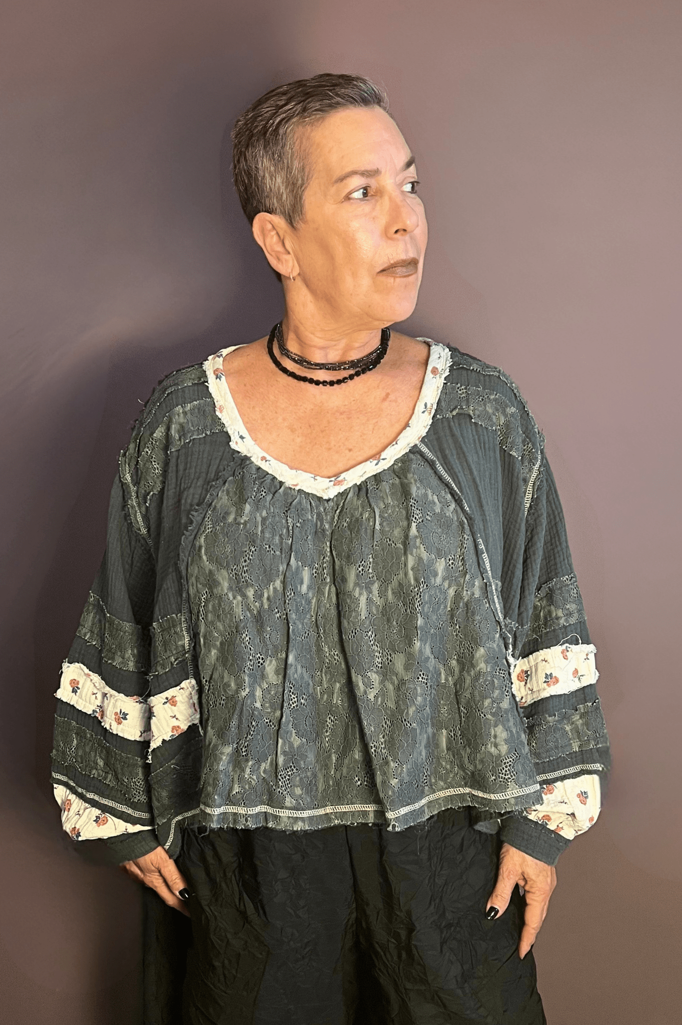 Long Sleeve Gauze & Lace Woven Top