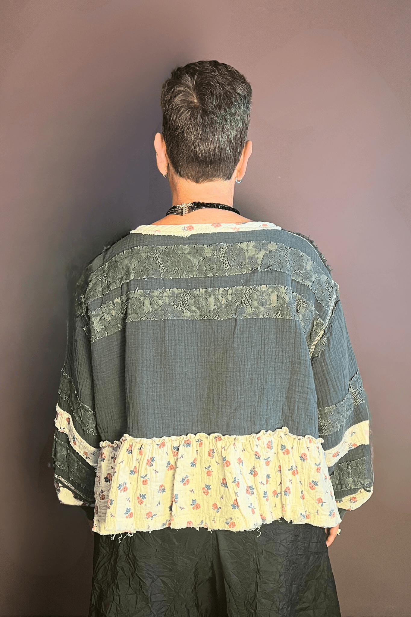 Long Sleeve Gauze & Lace Woven Top