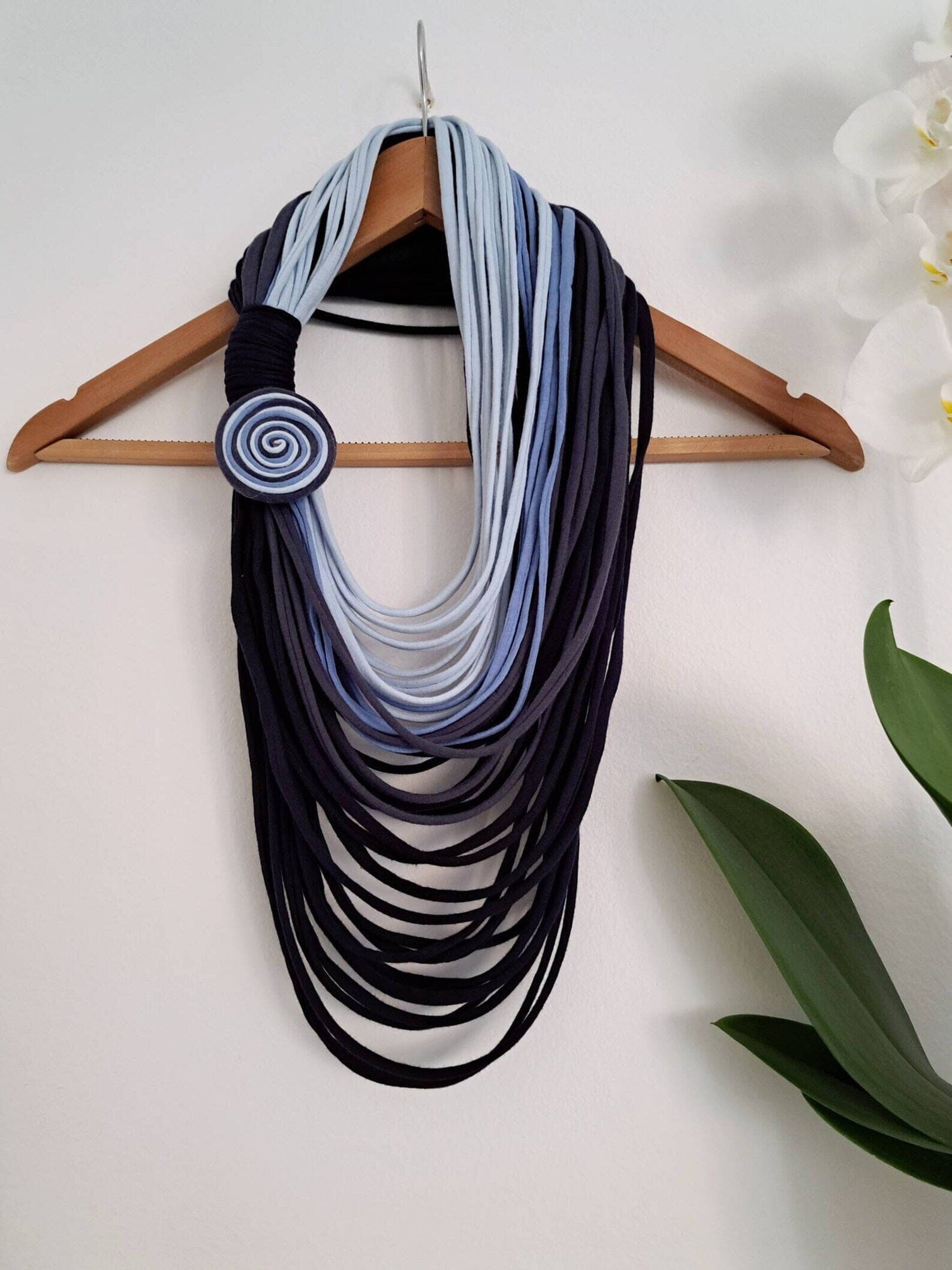 Blue Rosette Textile Scarf Necklace