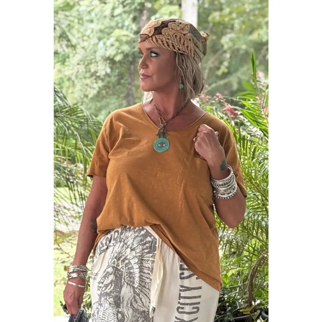 Moon Dance V-Neck Tee - Vintage Mustard