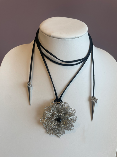 Silver Crochet Rose Lariat Necklace