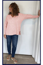 Perforated V-Neck Sweater- Ballerina Pink